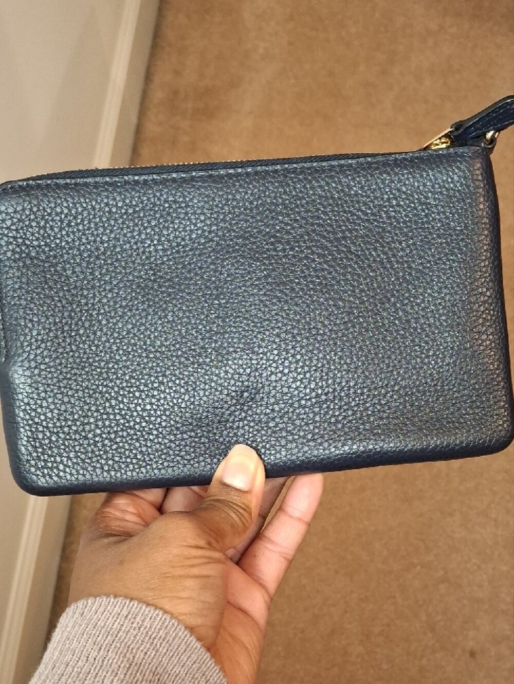 Coach Pebbled Leather Double Zip Wristlet in Navy with Gold Logo - Picture 2 of 5